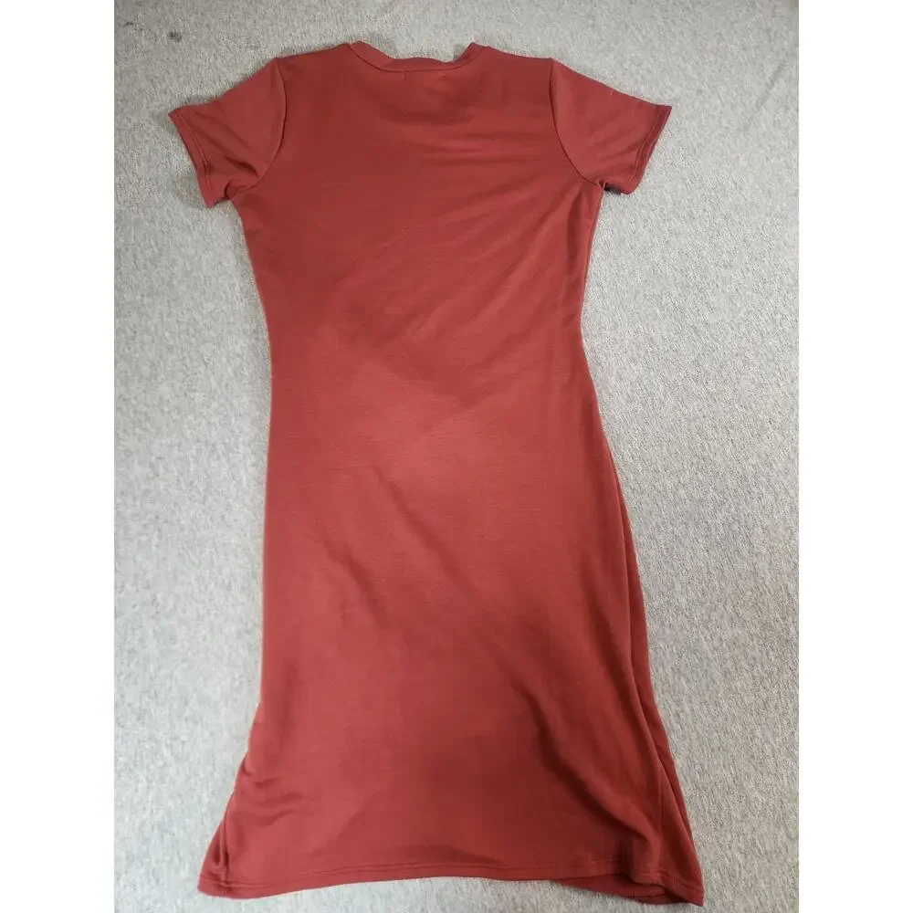 AXIS Rust Ruched Side Bodycon Dress Medium Short Sleeve Stretch Made USA - Picture 2 of 9